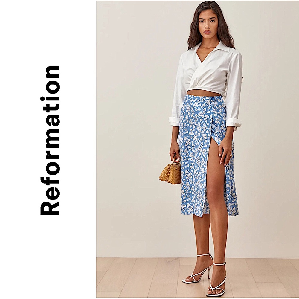 Reformation Blue Floral Midi Skirt